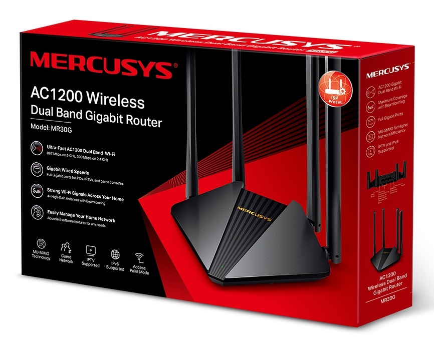 Mercusys MR30G Router Wireless Dual Band AC1200 - Gigabit Ethernet, MU-MIMO, 4 Antenne Esterne, Supporto IPTV, IPv6, Rete Ospiti