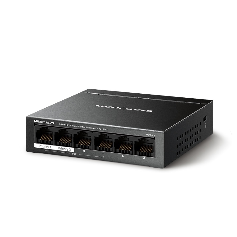 TP-Link Mercusys MS106LP Switch PoE 6 Porte RJ45 10/100 Mbps con 4 Porte PoE (30W per Porta, 40W Totali), 2 Porte Uplink, Cassa in Metallo, Plug&Play