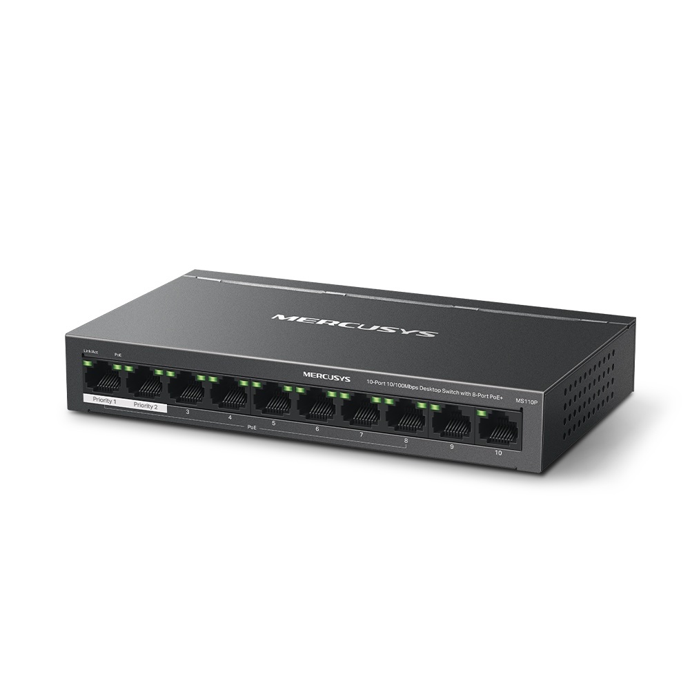 Mercusys MS110P Switch Desktop 10 Porte 10/100 Mbps con 8 Porte PoE e Custodia in Metallo