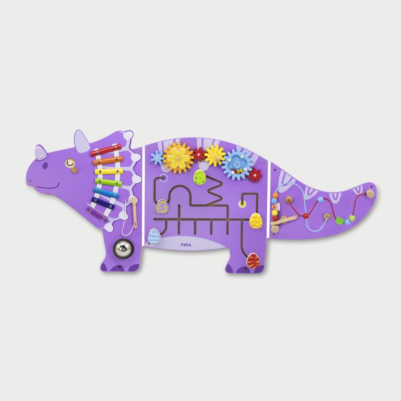 VIGA TOYS Pannello Murale Multiattività Dinosauro - Gioco Educativo in Legno per Sviluppare Coordinazione e Motricità