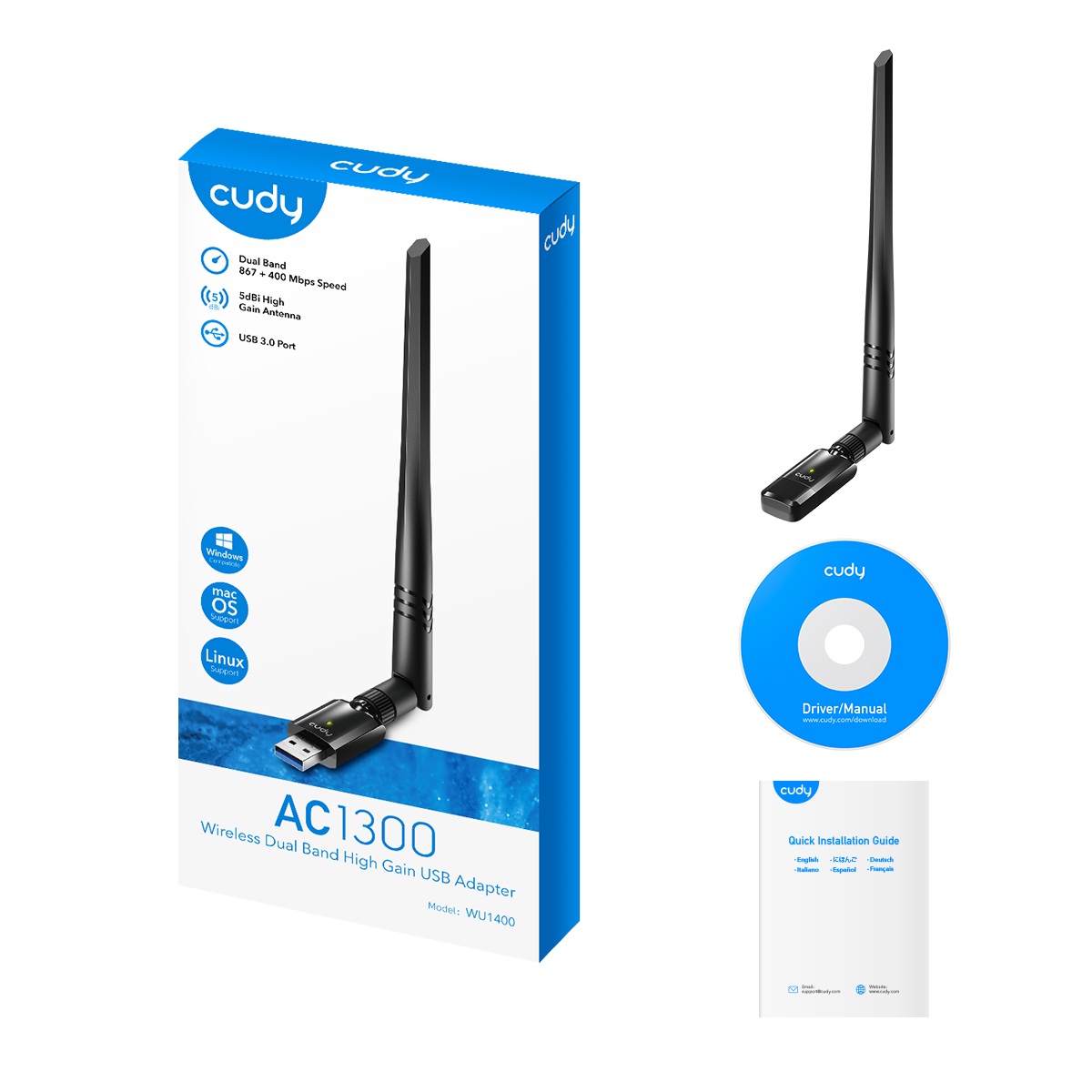 Cudy WU1400 Adattatore USB WiFi AC1300 Dual-Band 2.4GHz & 5GHz con Antenna Esterna 5dBi - Fino a 1300 Mbps