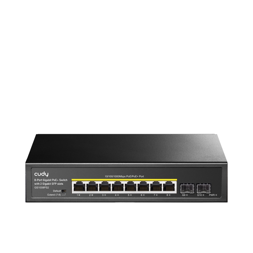 Cudy GS1008PS2 Switch Gigabit PoE 8 Porte 2 Slot SFP, Non Gestito, Budget PoE 120W, Modalità Estesa fino a 250m, Nero