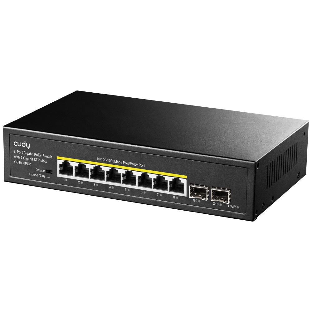 Cudy GS1008PS2 Switch Gigabit PoE 8 Porte 2 Slot SFP, Non Gestito, Budget PoE 120W, Modalità Estesa fino a 250m, Nero