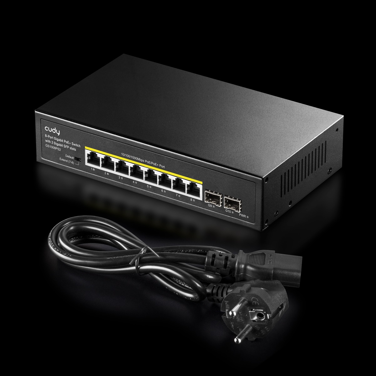 Cudy GS1008PS2 Switch Gigabit PoE 8 Porte 2 Slot SFP, Non Gestito, Budget PoE 120W, Modalità Estesa fino a 250m, Nero