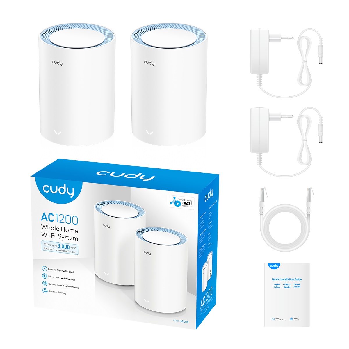 Cudy M1200 2-PACK Sistema Wi-Fi Mesh Dual-band AC1200 (2.4 GHz/5 GHz) Wi-Fi 5 (802.11ac) Bianco - Copertura Completa e Funzionalità VPN
