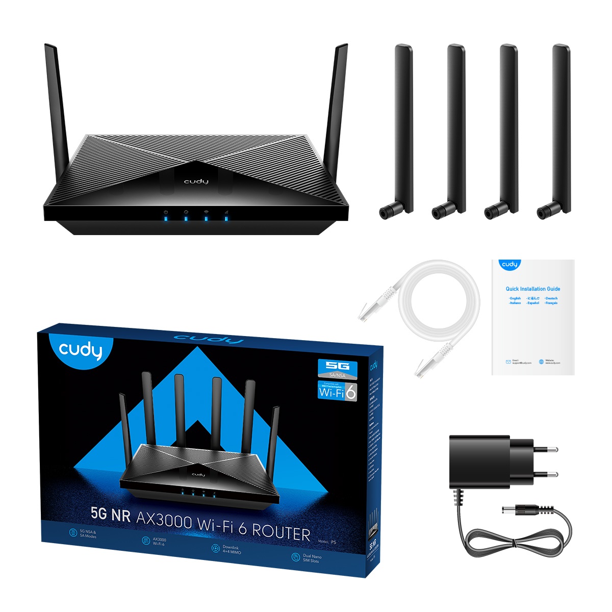 Cudy P5 Router Wireless Gigabit Ethernet Dual-band (2.4 GHz/5 GHz) 5G Nero - Wi-Fi 6, Doppio Slot Nano SIM, 4 Porte Gigabit