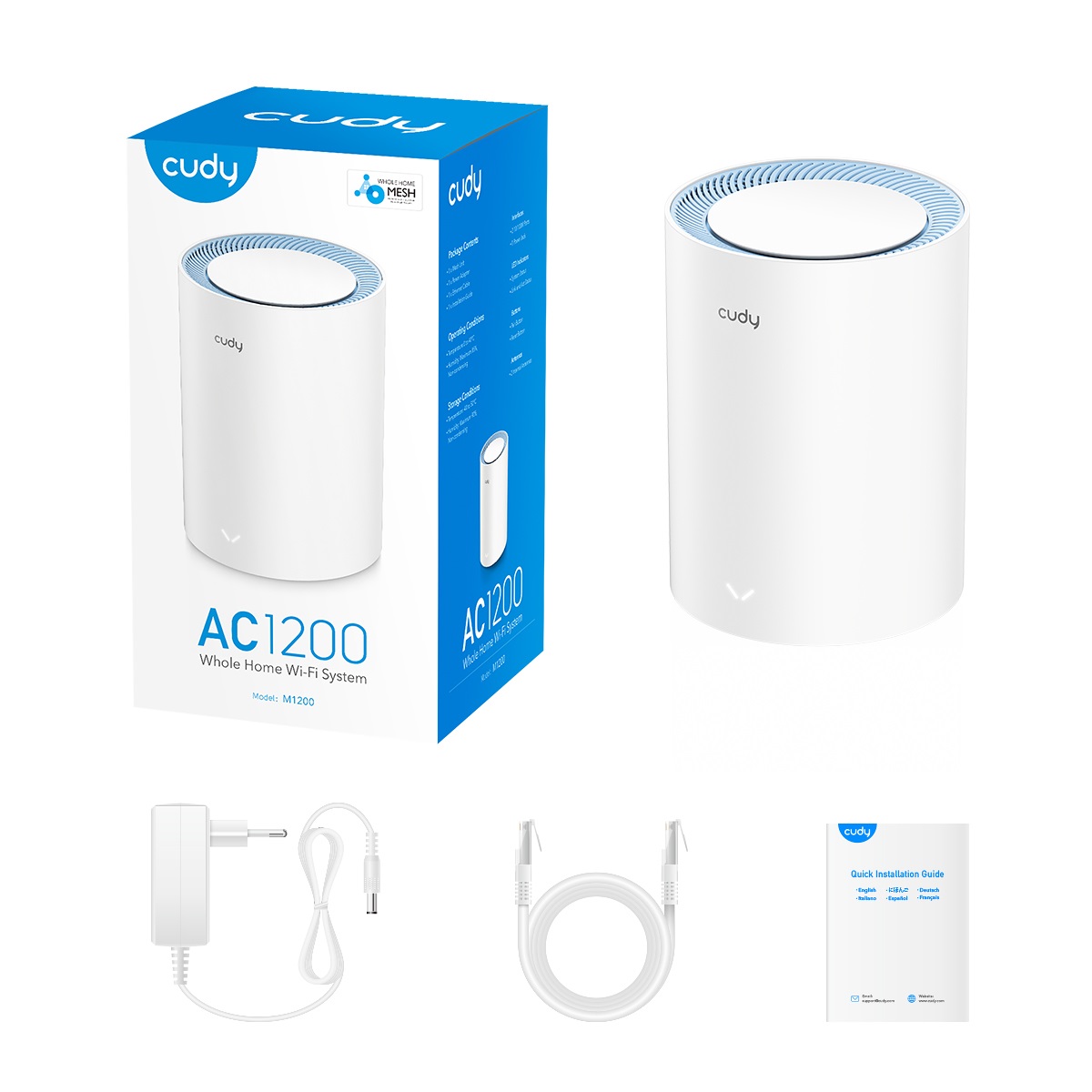 Cudy M1200 Access Point Wi-Fi Mesh Dual-band AC1200 (2.4 GHz 300 Mb/s e 5 GHz 867 Mb/s) - Bianco, 1 Pacchetto