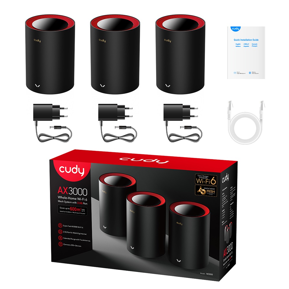Cudy M3000 3-Pack Sistema Mesh Dual-band (2.4 GHz/5 GHz) Wi-Fi 6 (802.11ax) Nero e Rosso, Antenna Interna, Copertura Fino a 650 m²