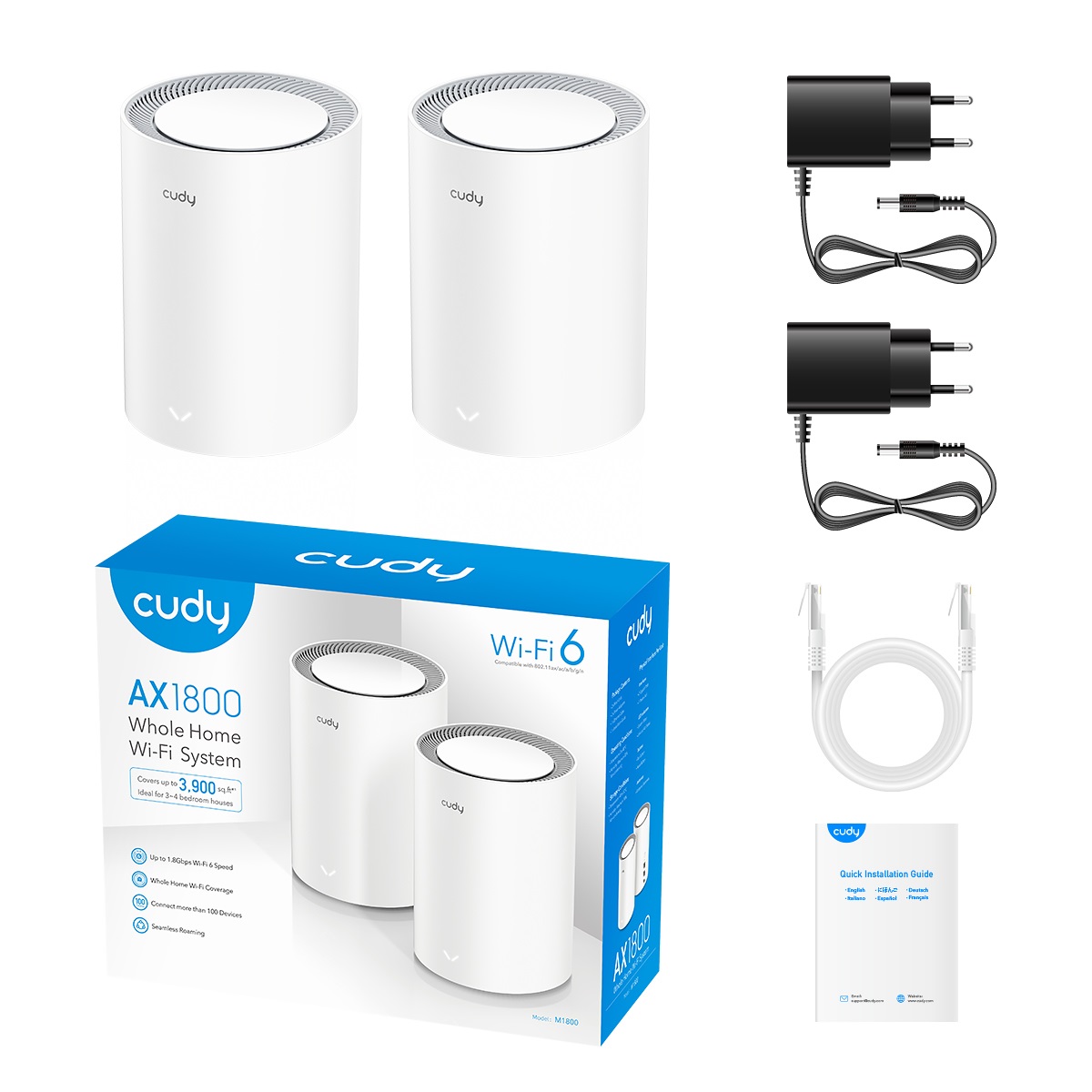 Cudy M3000 2-Pack Sistema Wi-Fi Mesh Dual-band Wi-Fi 6 (802.11ax) con Tecnologia MU-MIMO - Grigio e Bianco
