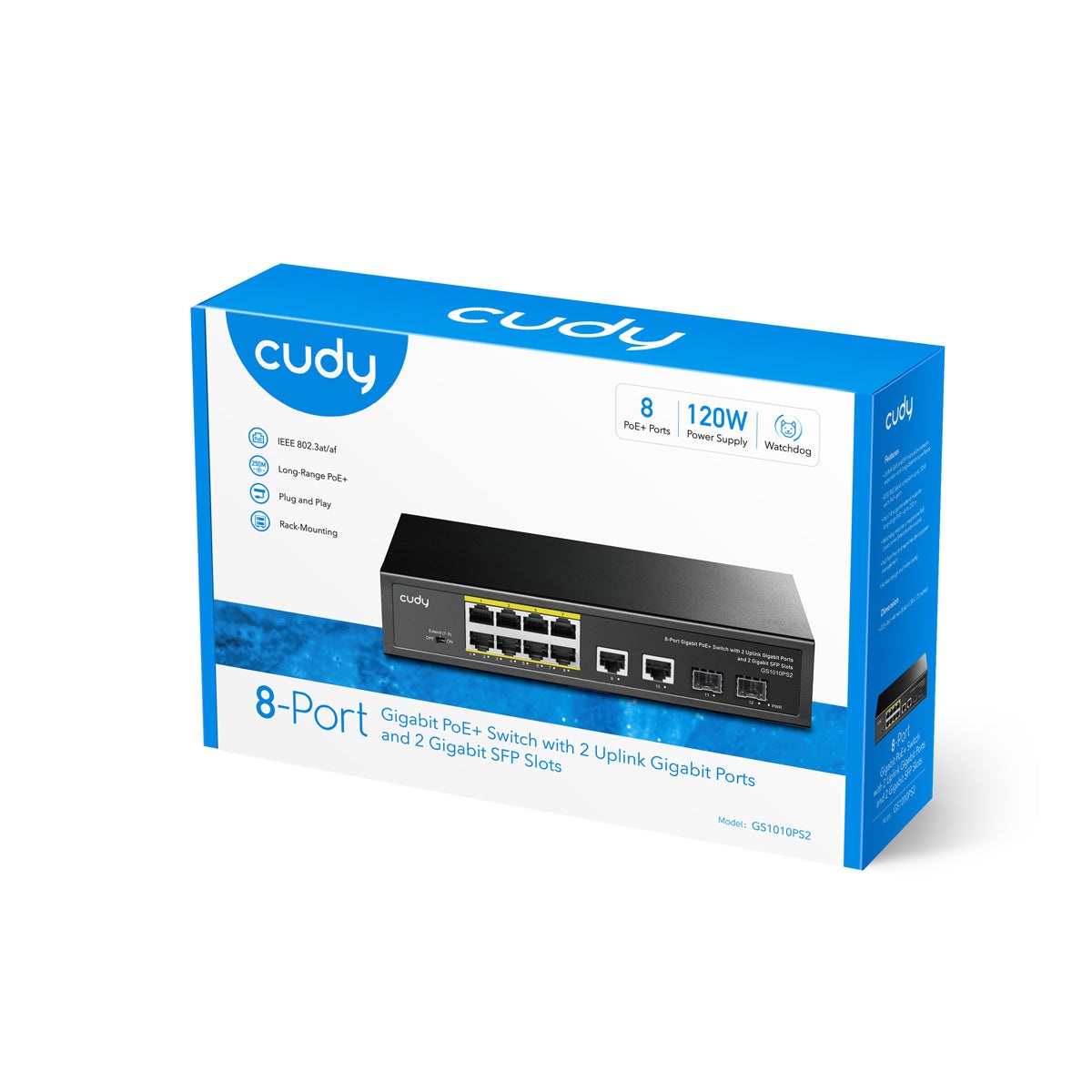 Cudy GS1010PS2 Switch di rete Non gestito Gigabit PoE con 8 Porte Gigabit, 2 Uplink Gigabit e 2 SFP, 120W