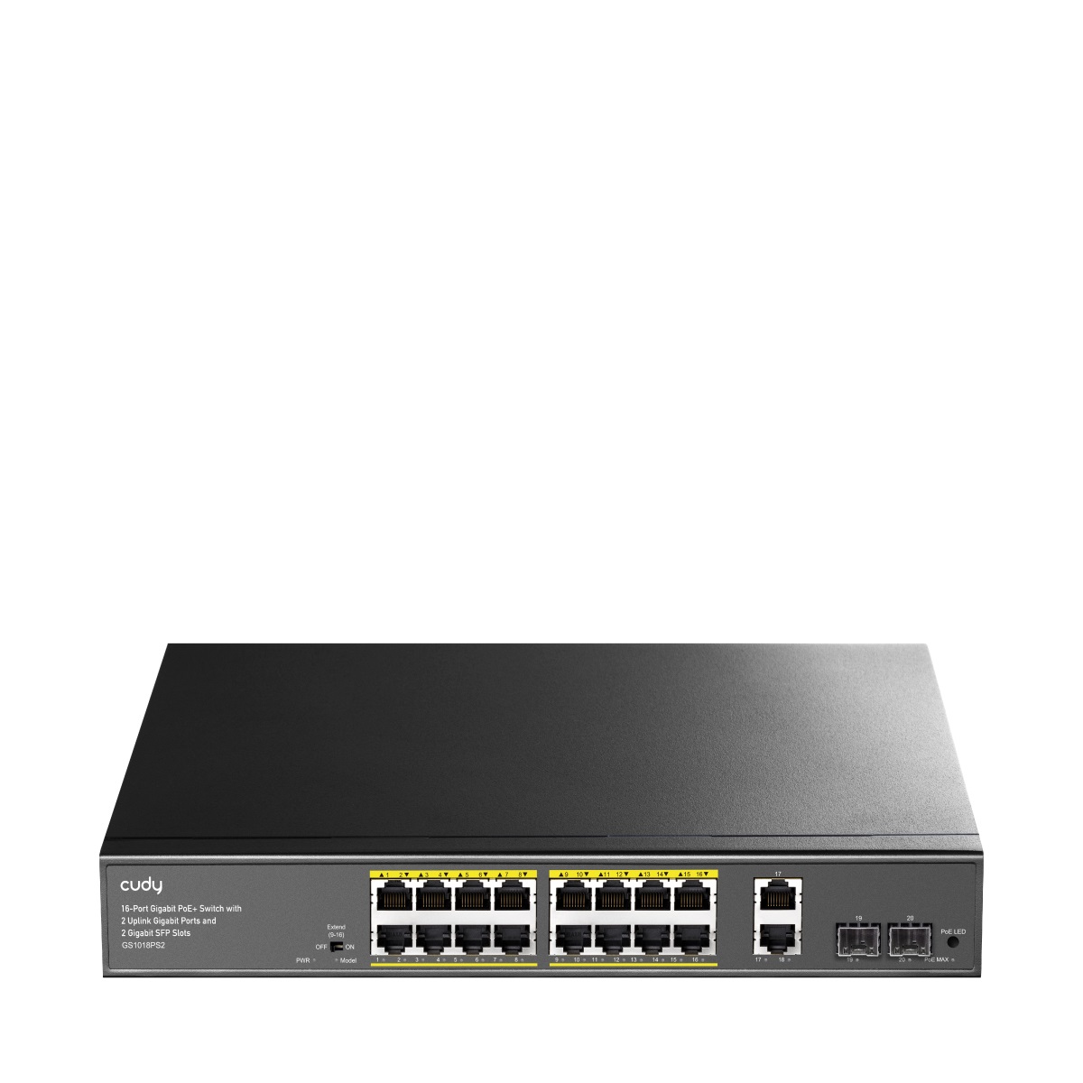 Cudy GS1018PS2 Switch Ethernet Gigabit Non Gestito PoE 16 Porte con 200W, 2 Uplink GbE e 2 SFP, Montaggio Rack 19