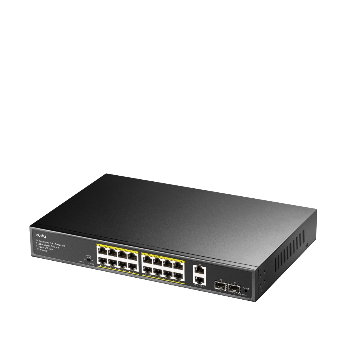 Cudy GS1018PS2 Switch Ethernet Gigabit Non Gestito PoE 16 Porte con 200W, 2 Uplink GbE e 2 SFP, Montaggio Rack 19