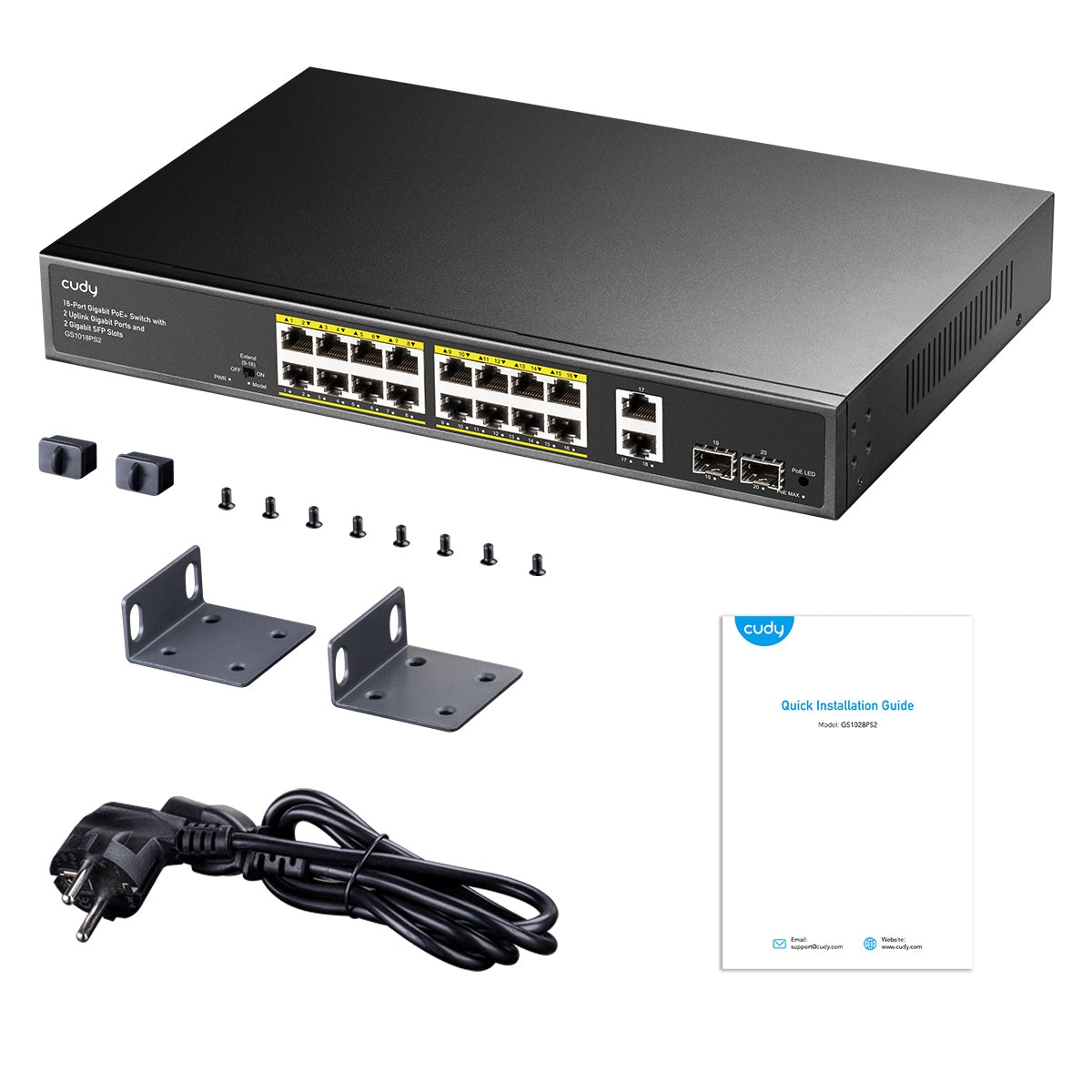 Cudy GS1018PS2 Switch Ethernet Gigabit Non Gestito PoE 16 Porte con 200W, 2 Uplink GbE e 2 SFP, Montaggio Rack 19
