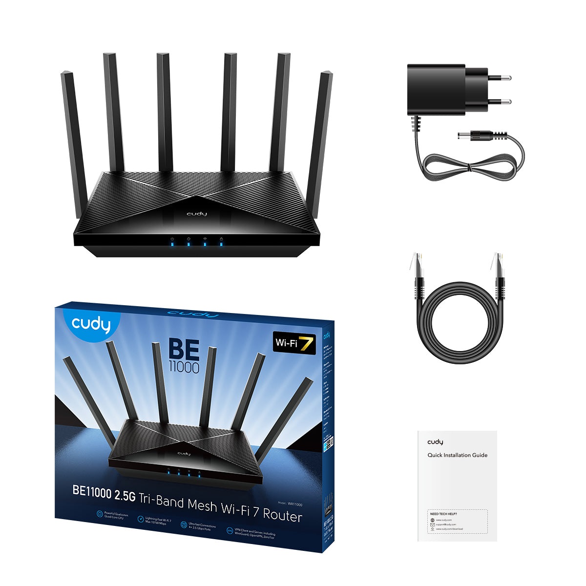Cudy WR11000 Router Wireless Wi-Fi 7 Tri-band 11000 Mbps con 4 Porte 2,5G e 6 Antenne ad Alto Guadagno