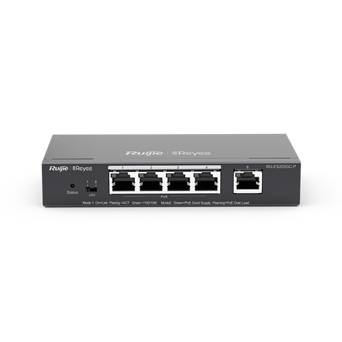 Ruijie Networks RG-ES205GC-P Switch di rete gestito L2 con 5 porte Gigabit RJ45 e supporto Power over Ethernet (PoE/PoE ), 54W PoE power budget, cassa in acciaio