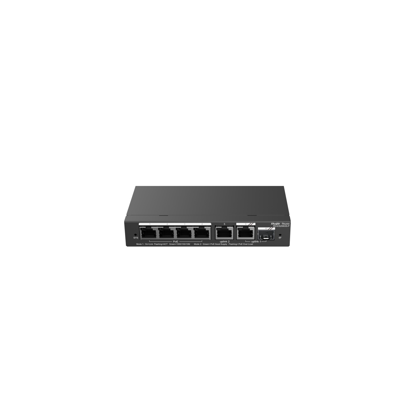 Ruijie Networks 6-Port Smart Gigabit PoE Switch RG-ES206GS-P con 4 PoE/PoE Ports, 1 Gigabit RJ45 e 1 combo SFP, 54W PoE, Case in Acciaio