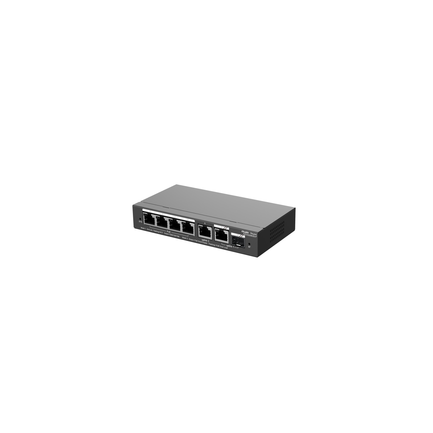 Ruijie Networks 6-Port Smart Gigabit PoE Switch RG-ES206GS-P con 4 PoE/PoE Ports, 1 Gigabit RJ45 e 1 combo SFP, 54W PoE, Case in Acciaio