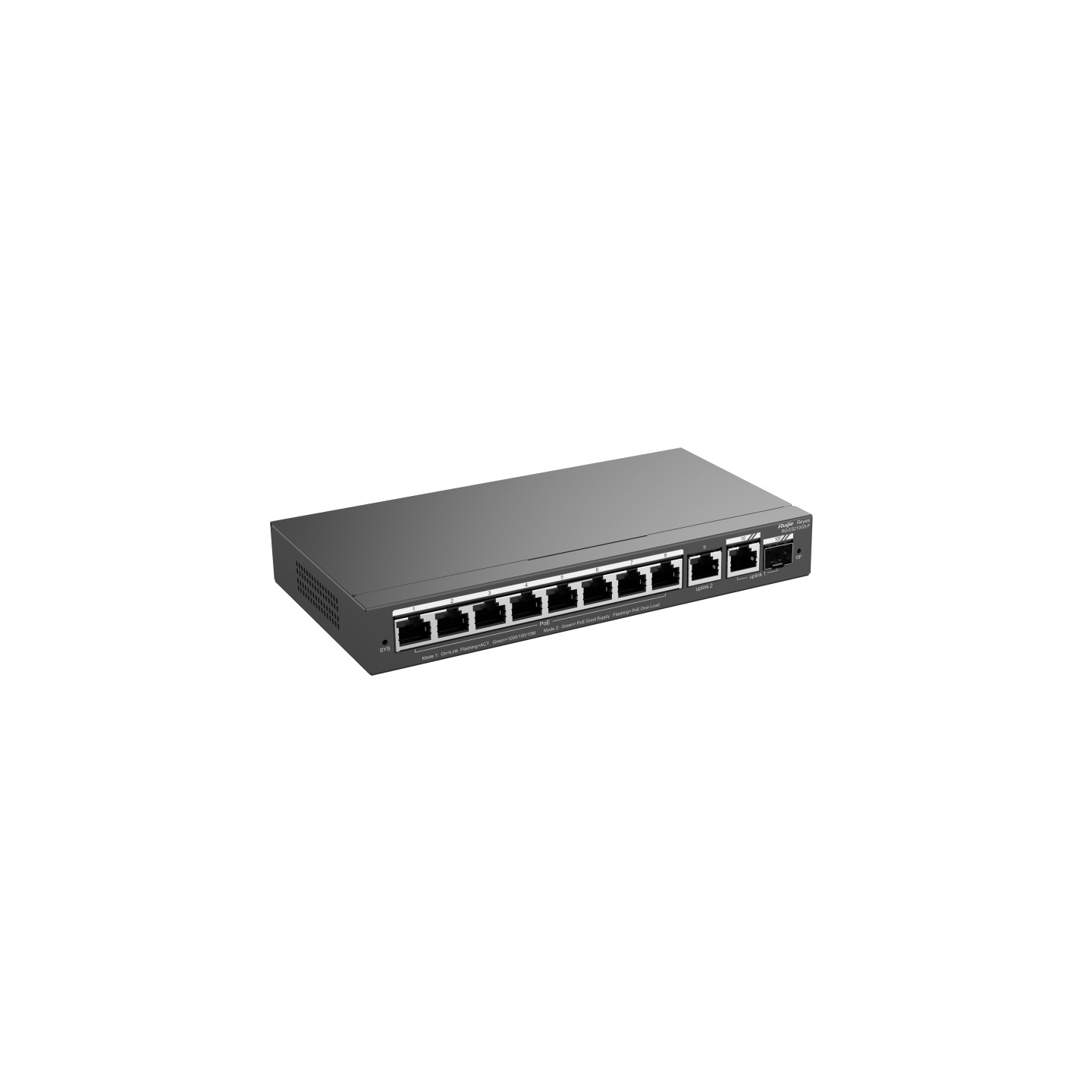 Ruijie Networks RG-ES210GS-P Switch di rete Gestito L2 10-Port Gigabit PoE con 8 porte PoE/PoE e 120W di potenza PoE, Cassa in acciaio