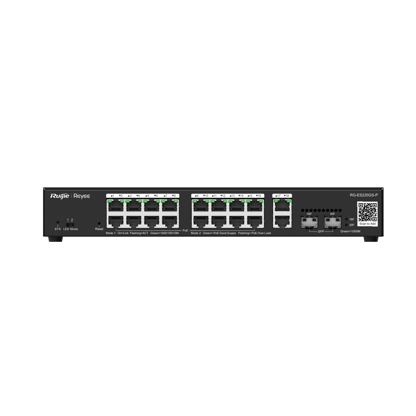Ruijie Networks RG-ES220GS-P Switch di Rete Gestito L2 Gigabit Ethernet (10/100/1000) con Supporto Power over Ethernet (PoE) - 20-Port, 16 PoE/PoE Ports, 2 Gigabit RJ45/2 SFP Uplink Ports, 250W PoE Power Budget, Nero