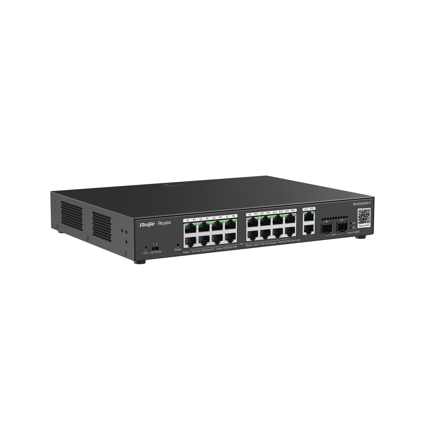 Ruijie Networks RG-ES220GS-P Switch di Rete Gestito L2 Gigabit Ethernet (10/100/1000) con Supporto Power over Ethernet (PoE) - 20-Port, 16 PoE/PoE Ports, 2 Gigabit RJ45/2 SFP Uplink Ports, 250W PoE Power Budget, Nero