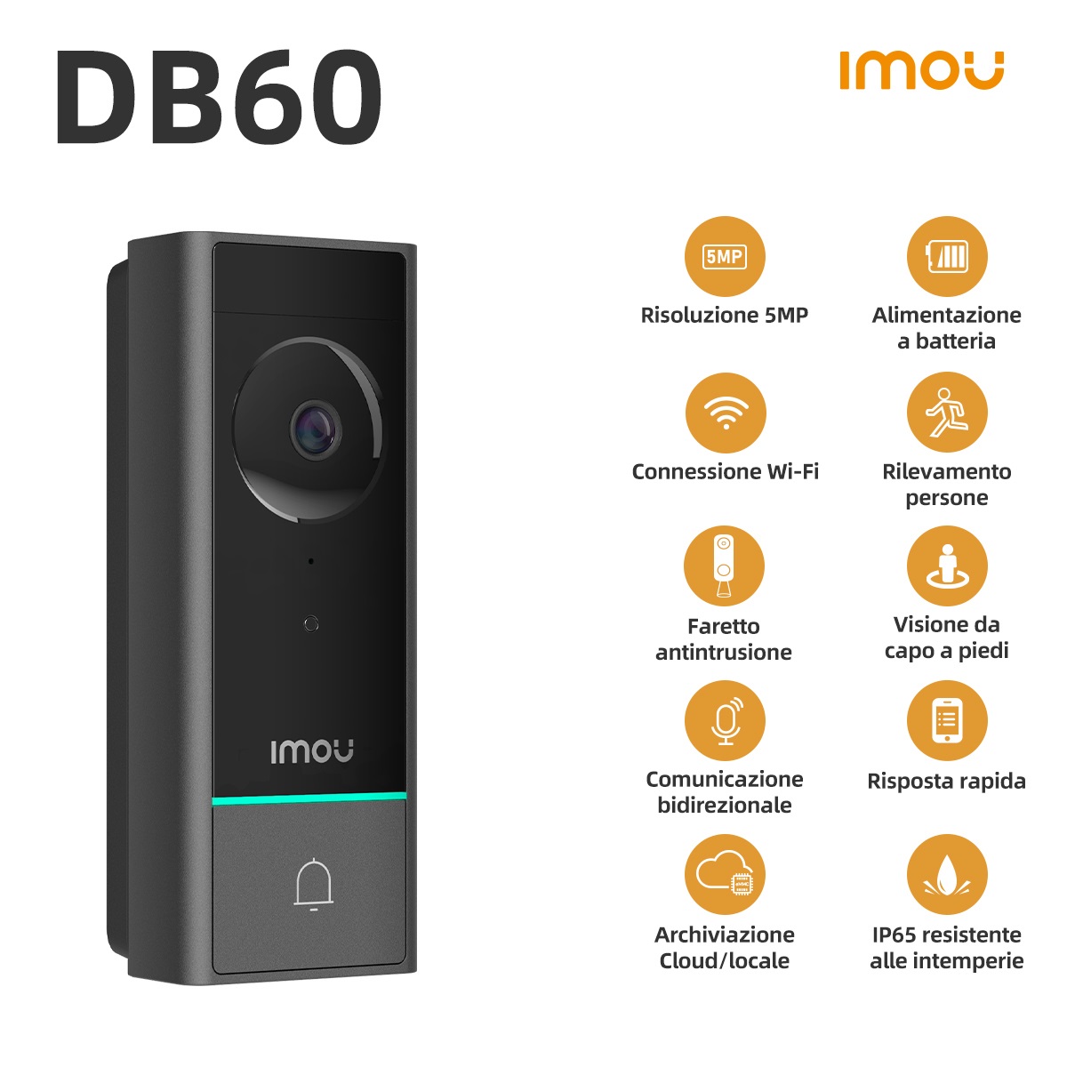 Imou DB60 Kit - Videocampanello Wi-Fi 5MP a batteria con suoneria interna, AI integrata e ottica panoramica