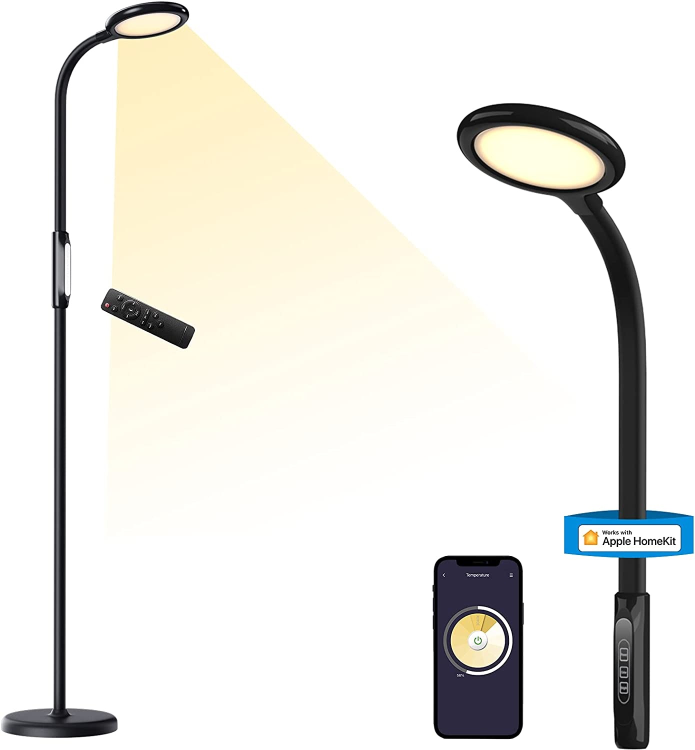 Meross Lampada da Terra Wi-Fi 3 in 1 con Luminosità Regolabile e Collo Girevole, Compatibile con Siri, Alexa e Google Home