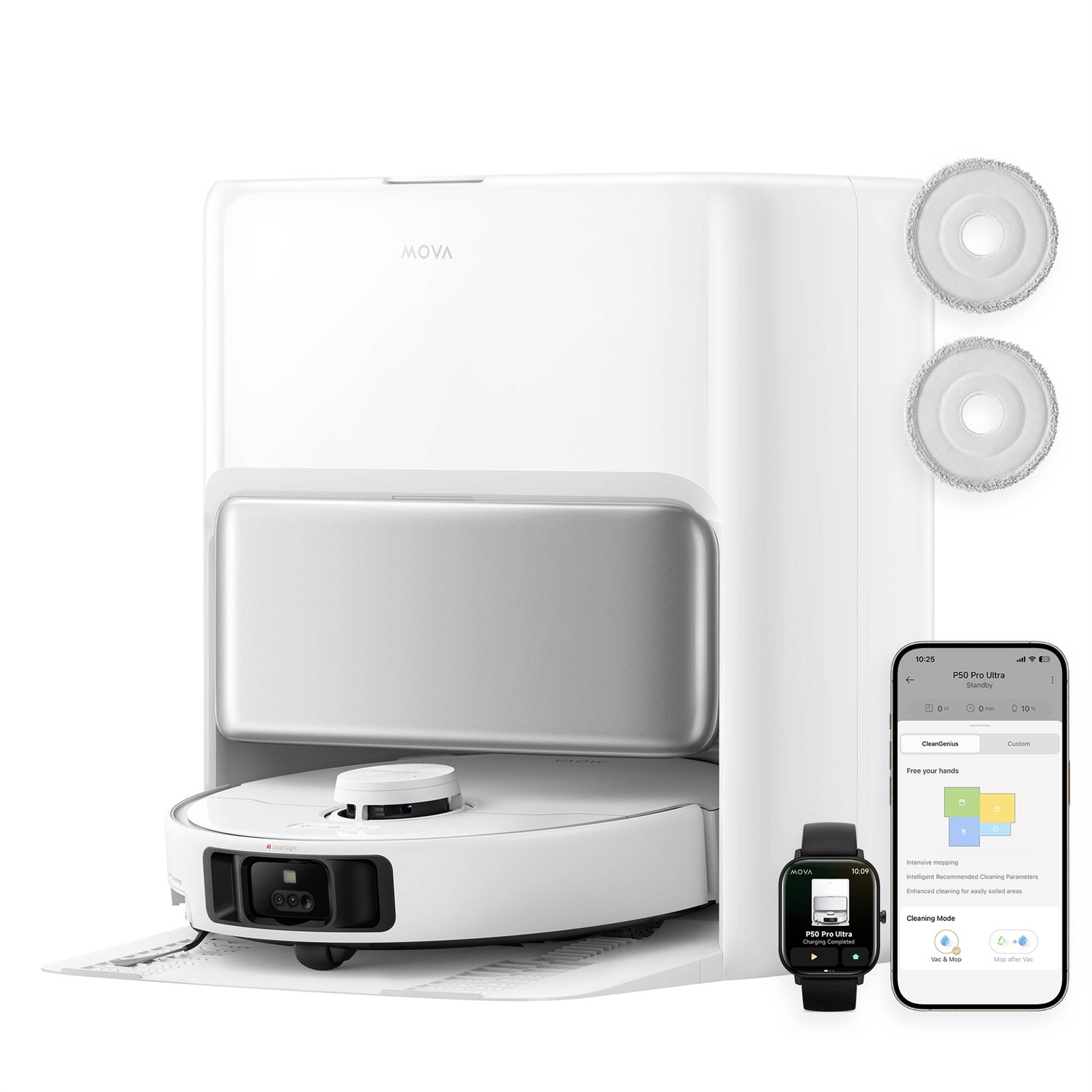 MOVA Tech P50 Pro Ultra Robot Aspirapolvere e Lavapavimenti 700W, Aspirazione 19000 Pa, Mocio Flessibile, Svuotamento Automatico, Controllo Vocale, Bianco