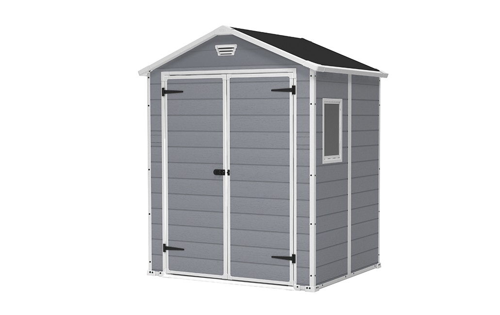 Keter Manor 6x5 Casetta da Giardino in Resina Grigia con Finitura Effetto Legno Graffiato, 185x152x226 cm