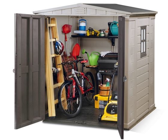 Keter Casetta da Giardino Factor 6x6 Beige in Resina con Porta Doppia Anta e Mensole Incluse