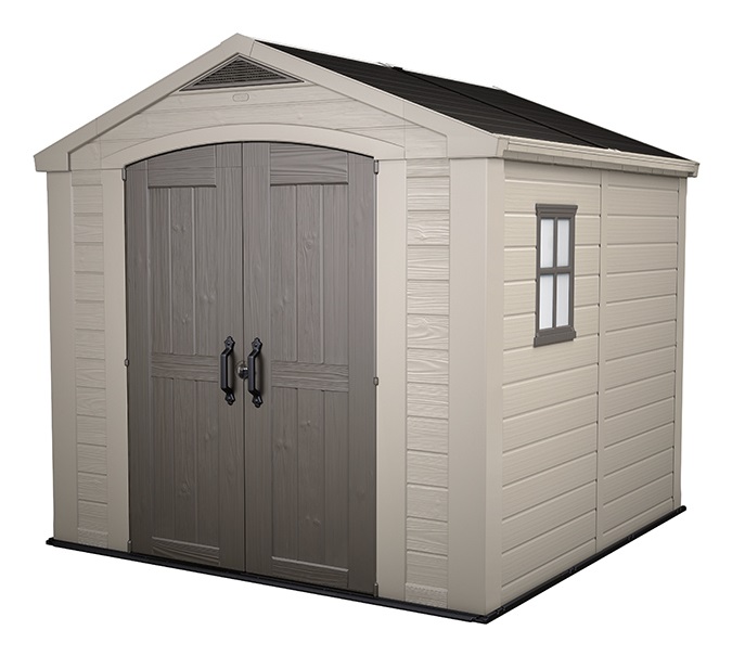 Keter Casetta da Giardino Factor 8x8 in Resina Beige - 256,5x255x243 cm, Doppia Anta, Ventilazione Integrata, 2 Mensole