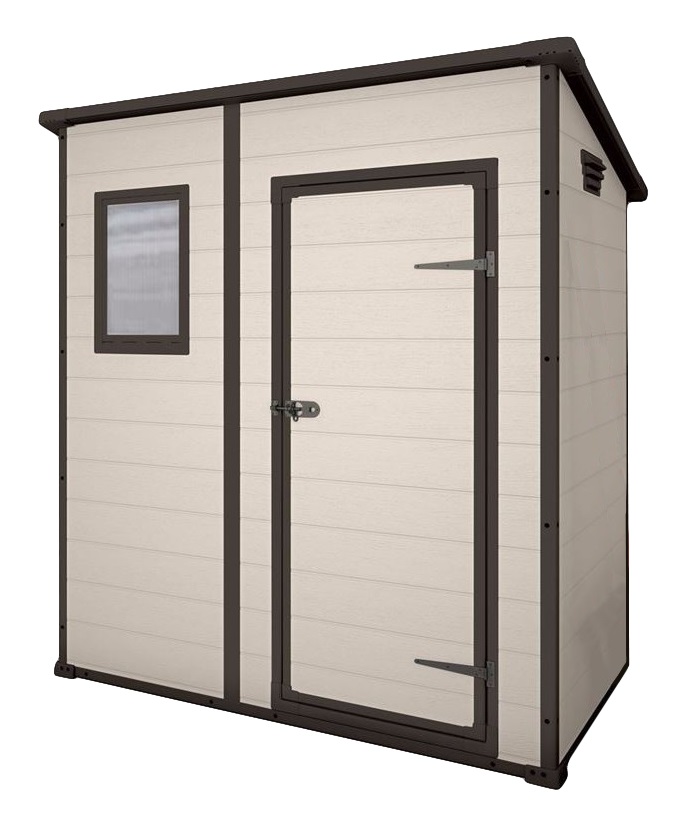 Keter Casetta da Giardino Manor Pent 6x4 Beige - Resina Effetto Legno Graffiato, 183,5x111x200,5 cm, Anta Singola, 1 Finestra