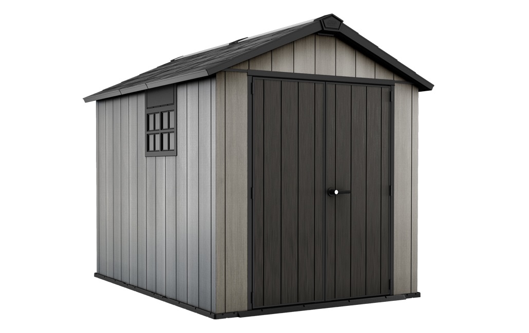 Keter Oakland 759 - Casetta da Giardino in DUOTECH Grigio, Effetto Legno Spazzolato, 229x287x242 cm, Doppia Anta e Finestra