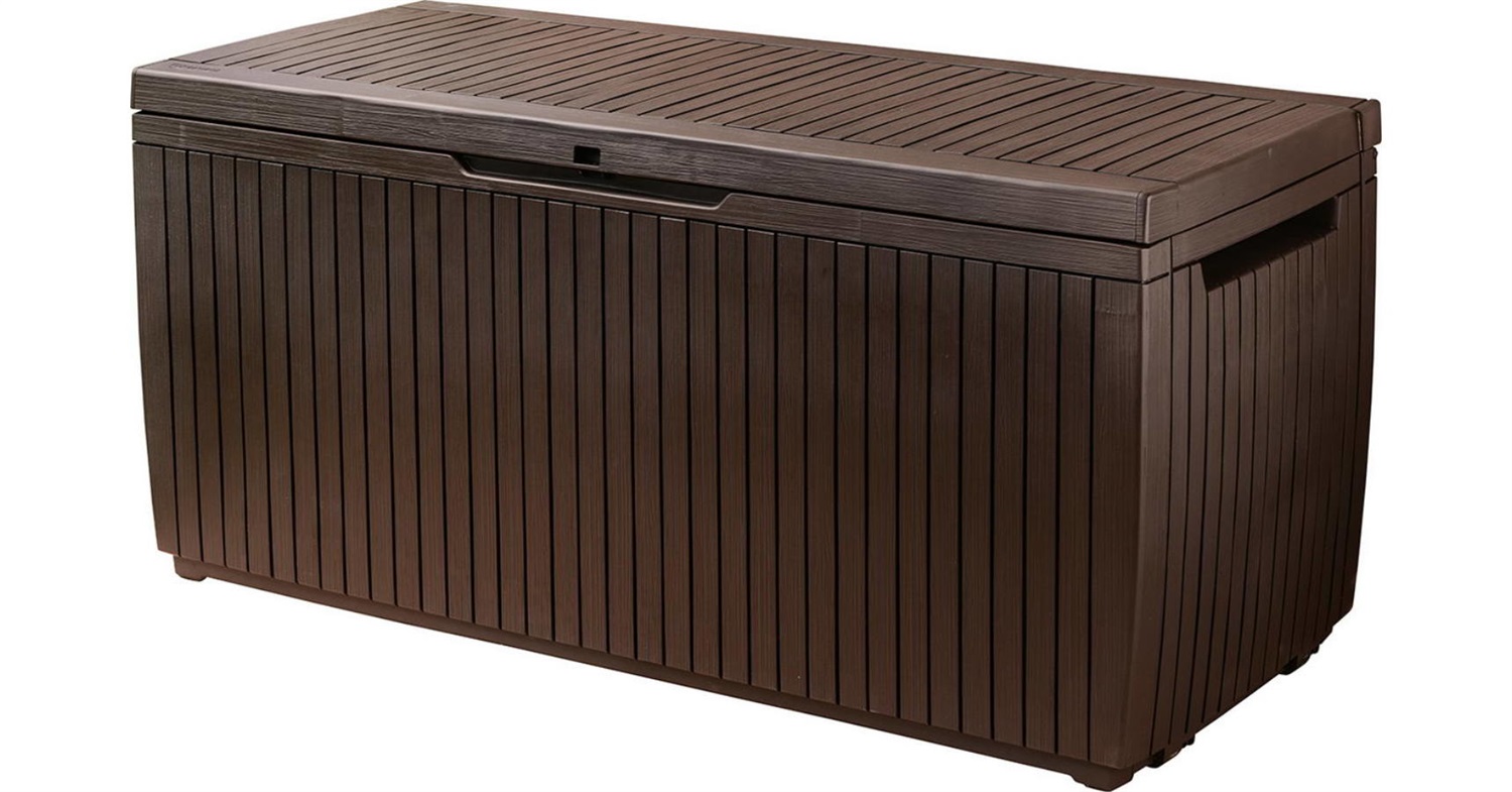 Keter Baule da Giardino Springwood, 305L, Resina Effetto Legno, 123x53,5x57H cm, Seduta Resistente con Ruote