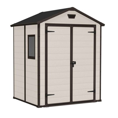 Keter Manor 6x5 Casetta da Giardino in Resina Beige con Finestra e Porta Doppia, Finitura Effetto Legno Graffiato, 185x152x226H cm