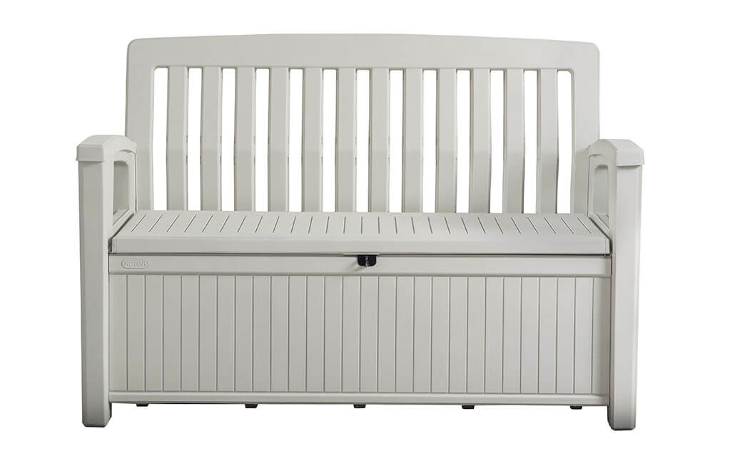 Keter Cassapanca da Giardino Patio Bench in Resina Bianco, 132.7 x 63.5 x 89.5 cm, Capacità 227 litri, Design Classico con Finitura Effetto Legno