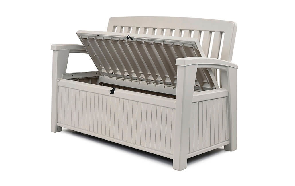 Keter Cassapanca da Giardino Patio Bench in Resina Bianco, 132.7 x 63.5 x 89.5 cm, Capacità 227 litri, Design Classico con Finitura Effetto Legno