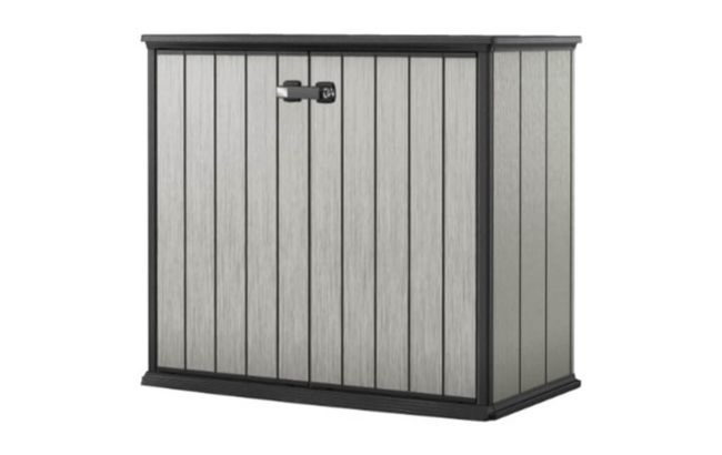 Keter Patio Store - Porta Attrezzi da Giardino in Resina Grigio, 1000L, Effetto Legno Spazzolato, 139,5x77x120H cm