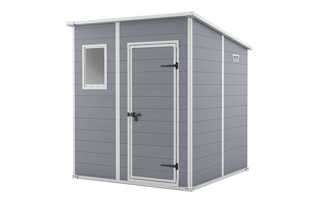 Keter Manor Pent 6x6 - Casetta da Giardino in Resina Grigia con Finitura Effetto Legno, 183,5x185x200,5 cm