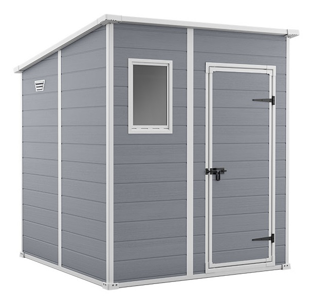 Keter Manor Pent 6x6 - Casetta da Giardino in Resina Grigia con Finitura Effetto Legno, 183,5x185x200,5 cm