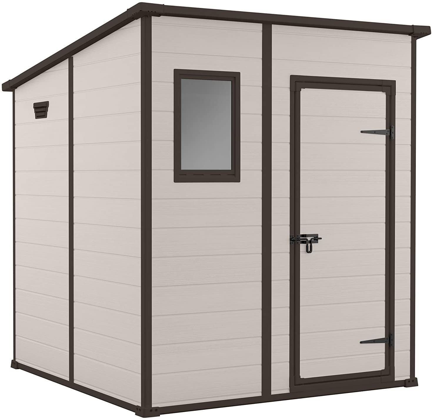 Keter Casetta da Giardino Manor Pent 6x6 Beige - 183,5x185x200,5H cm, in Polipropilene con Finitura Effetto Legno Graffiato, Anta Singola e Ventilazione