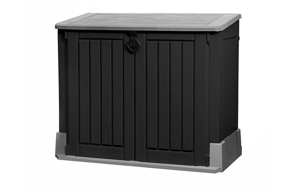 Keter Store-It-Out MIDI Porta Attrezzi in Resina Nero, 132x71,5x113,5 cm, Capacità 880L, Effetto Legno, con Supporti Interni e Chiusura a Pedale
