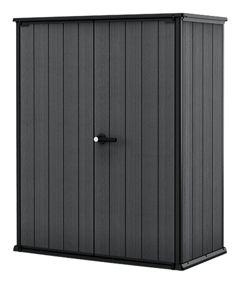 Keter Cortina Alto - Armadio Porta Attrezzi da Giardino Doppia Anta, 140x73.6x170.4 cm, Capacità 1400L, Struttura in PVC, 2 Mensole, Grigio Scuro