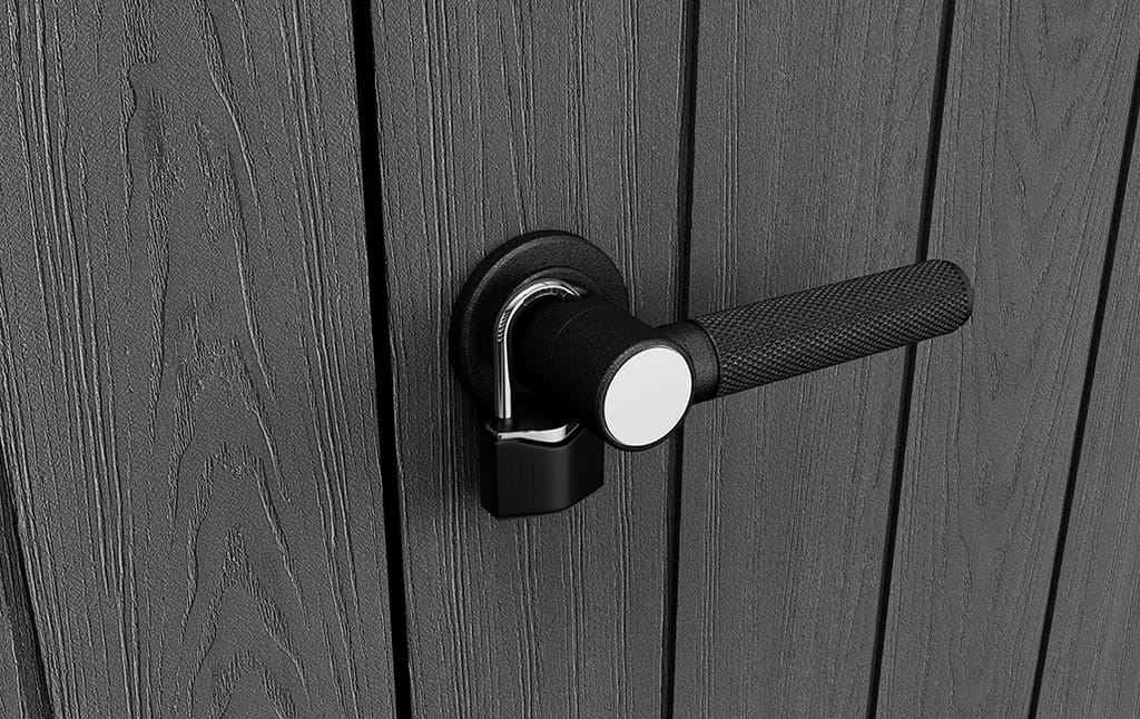Keter Cortina Alto - Armadio Porta Attrezzi da Giardino Doppia Anta, 140x73.6x170.4 cm, Capacità 1400L, Struttura in PVC, 2 Mensole, Grigio Scuro