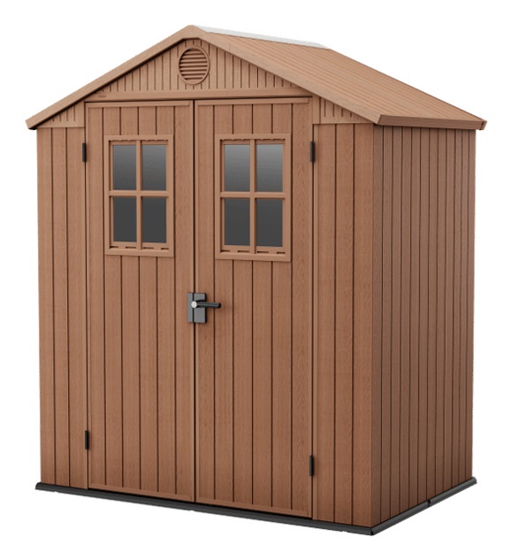 Keter Casetta da Giardino Darwin 6x4 in Resina EVOTECH Marrone con Finestre Frontali, Doppia Anta, 190x122x221 cm