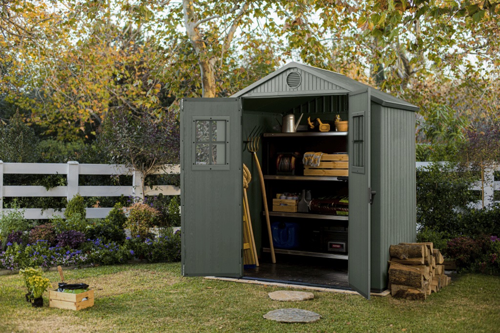 Keter Casetta da Giardino Darwin 6x4 Verde Salvia in EVOTECH con Doppia Finestra e Porta a Due Ante