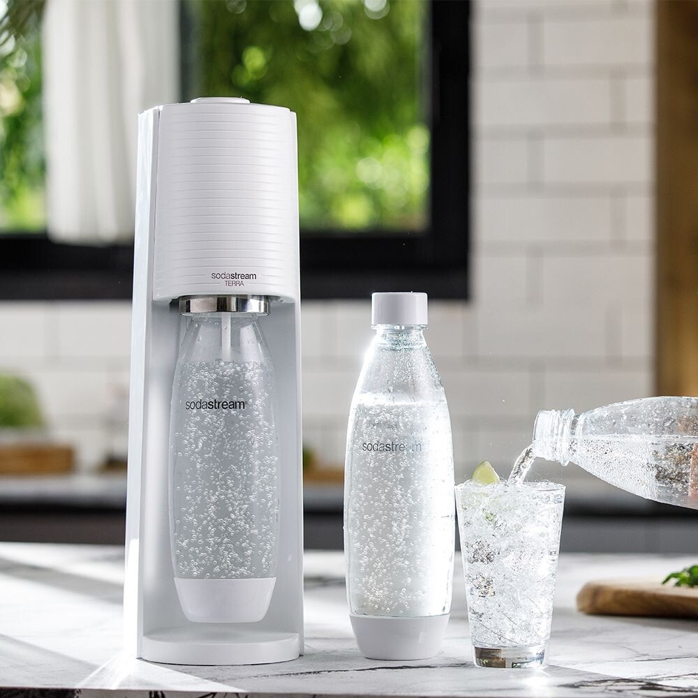 SodaStream Terra Bianco - Gasatore con Bottiglia PET Lavabile da 1L e Cilindro Quick Connect per 60L di Acqua Gasata