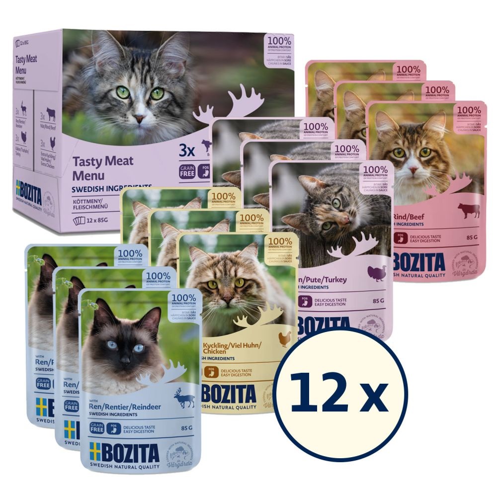 Bozita Cibo Umido per Gatti - Multipack 12 x 85 g, 100% Ingredienti Svedesi, Senza Cereali, con Proteina Animale e Prebiotici Naturali