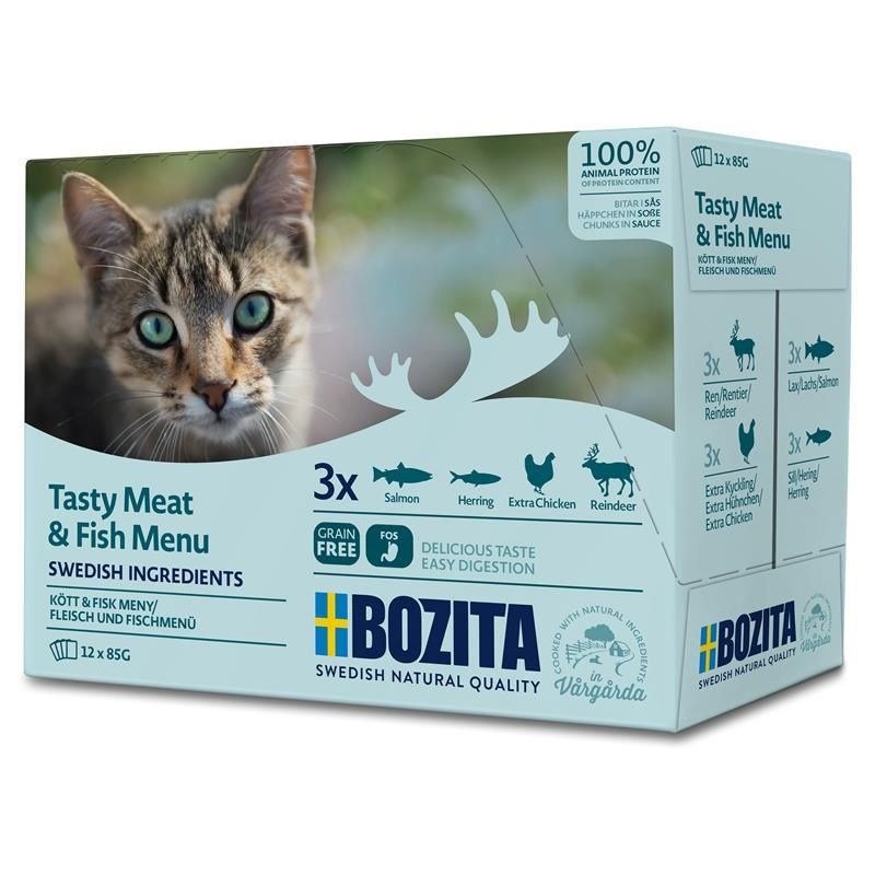 Bozita Cibo Umido per Gatti Multipack Carne e Pesce - 12 x 85 g, Senza Cereali, Ingredienti Svedesi, Gusti: Aringa, Salmone, Pollo, Renna