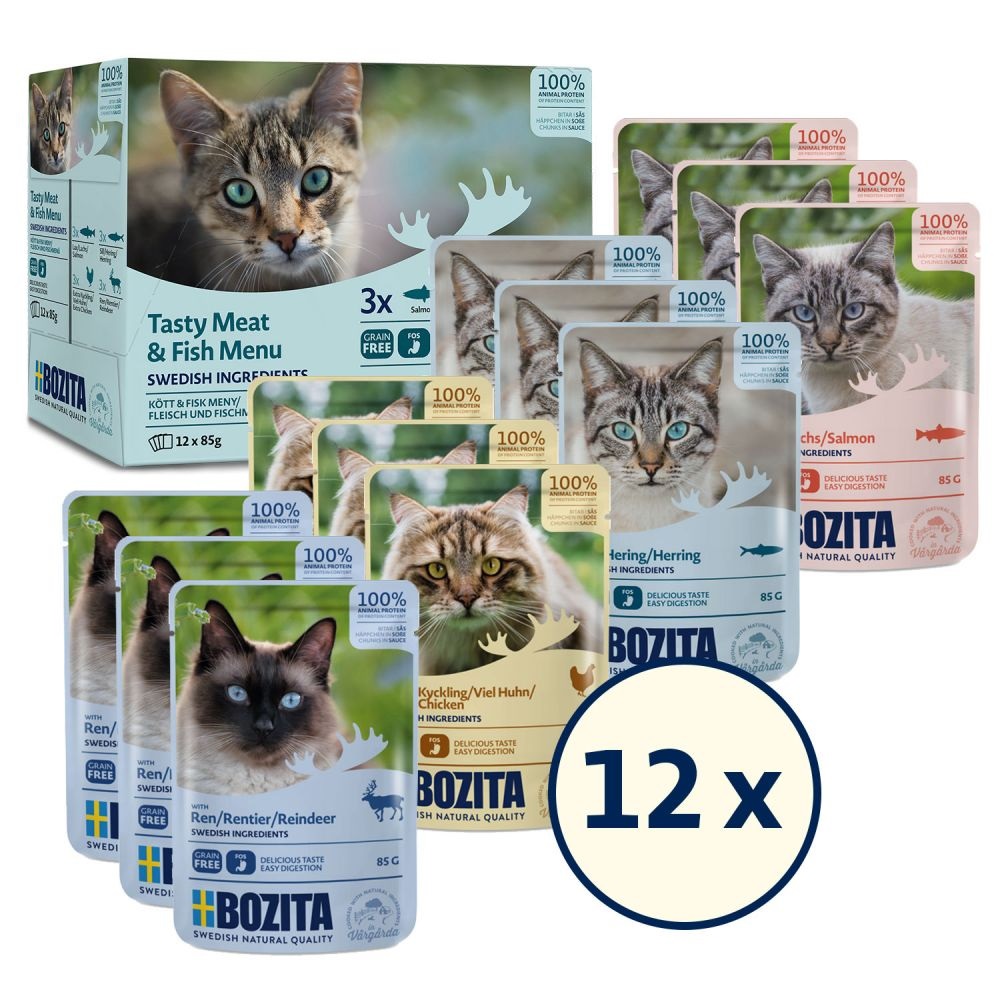 Bozita Cibo Umido per Gatti Multipack Carne e Pesce - 12 x 85 g, Senza Cereali, Ingredienti Svedesi, Gusti: Aringa, Salmone, Pollo, Renna