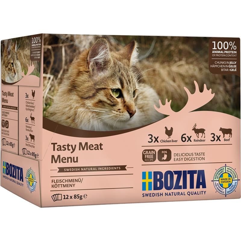 Bozita Cibo Umido per Gatti in Gelatina - Mix Menù (Fegato di Pollo, Renna, Manzo) - 12 Bustine da 85 g - Senza Cereali